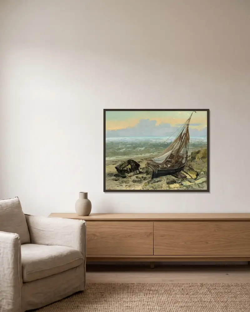 Fiskebåten av Gustave Courbet inramad på en vägg