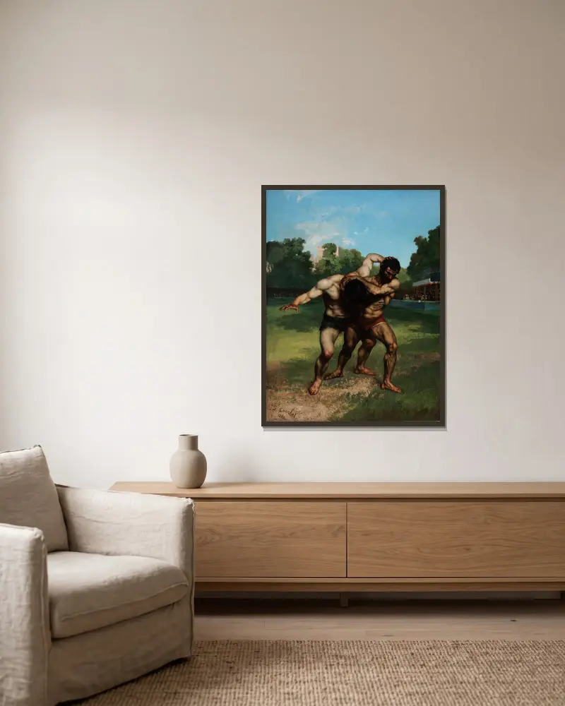 The Wrestlers av Gustave Courbet inramad på en vägg