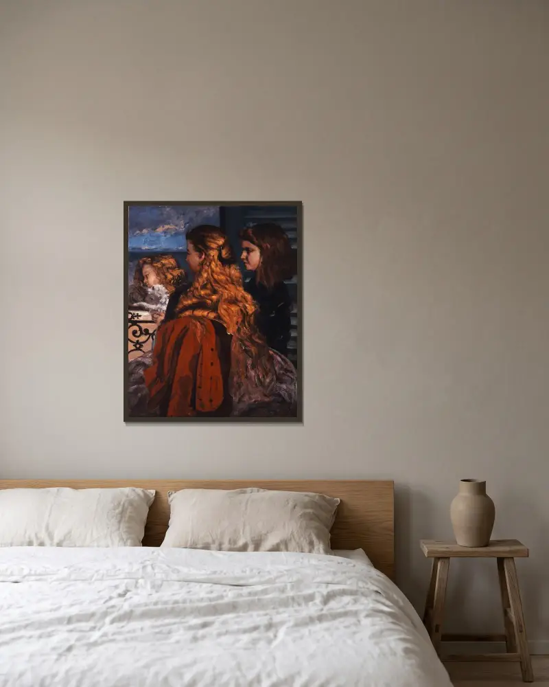 Tre unga engelskor vid ett fönster av Gustave Courbet inramad på en vägg