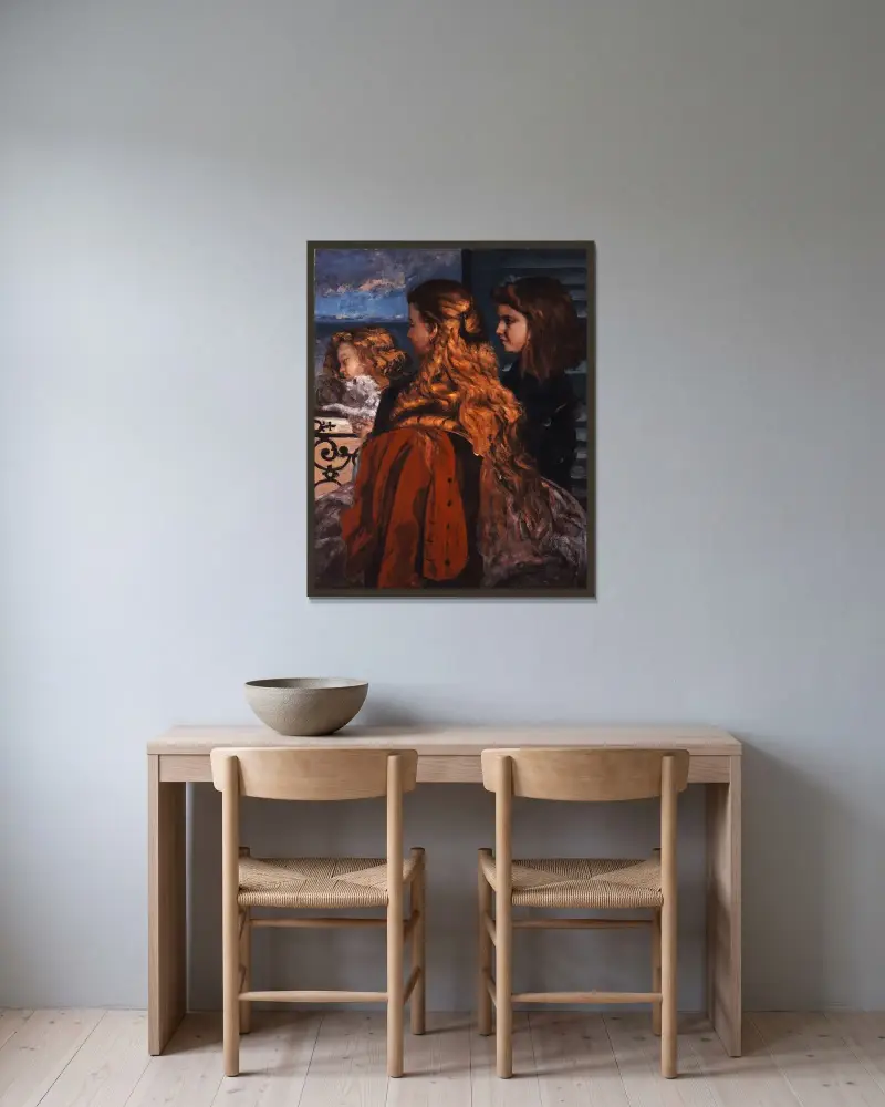 Tre unga engelskor vid ett fönster av Gustave Courbet inramad på en vägg