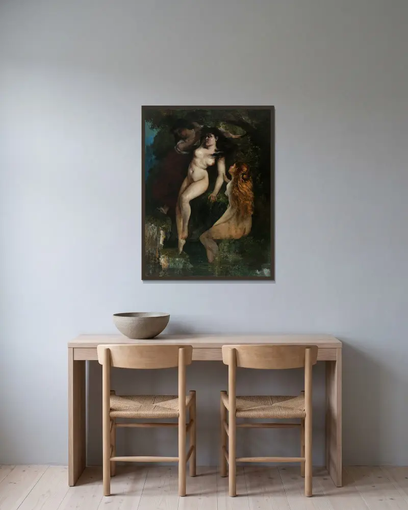 Drei Badende von Gustave Courbet gerahmt an einer Wand