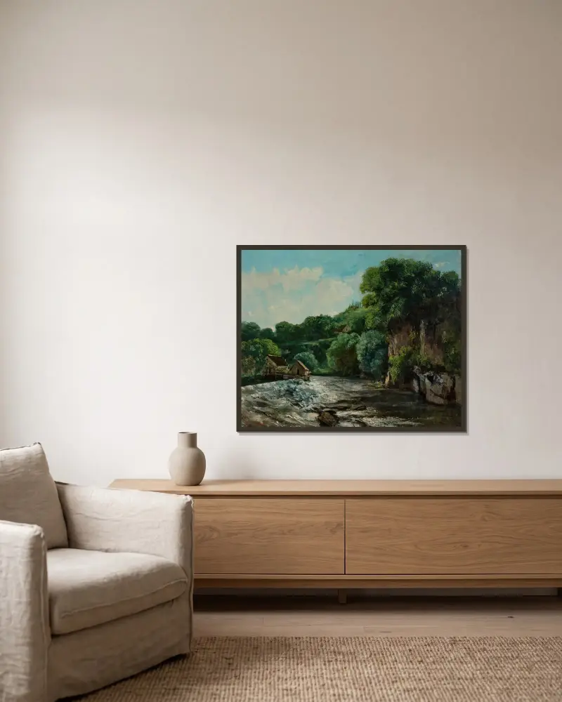 Un barrage près d’Ornans, or L’Écluse de la Loue av Gustave Courbet inramad på en vägg