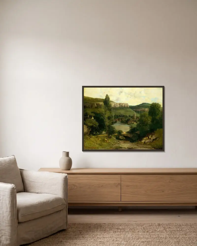 View of Ornans av Gustave Courbet inramad på en vägg