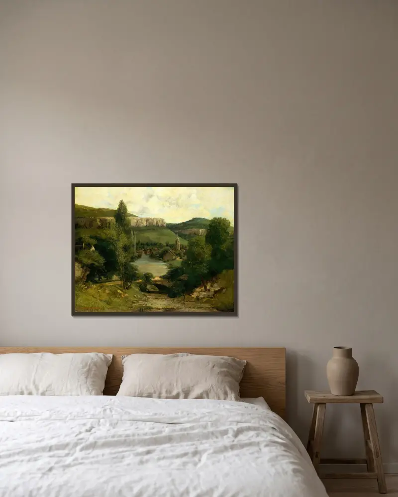View of Ornans av Gustave Courbet inramad på en vägg
