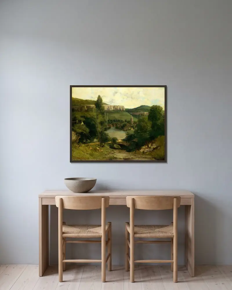 View of Ornans av Gustave Courbet inramad på en vägg