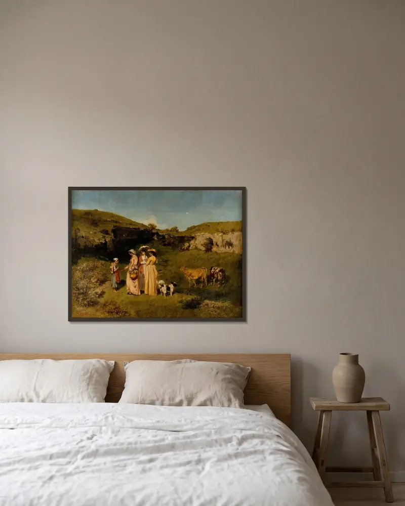 Unga damer i byn av Gustave Courbet inramad på en vägg