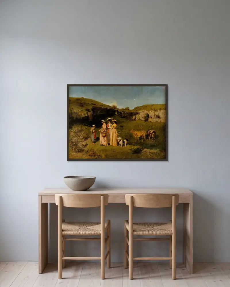 Unga damer i byn av Gustave Courbet inramad på en vägg