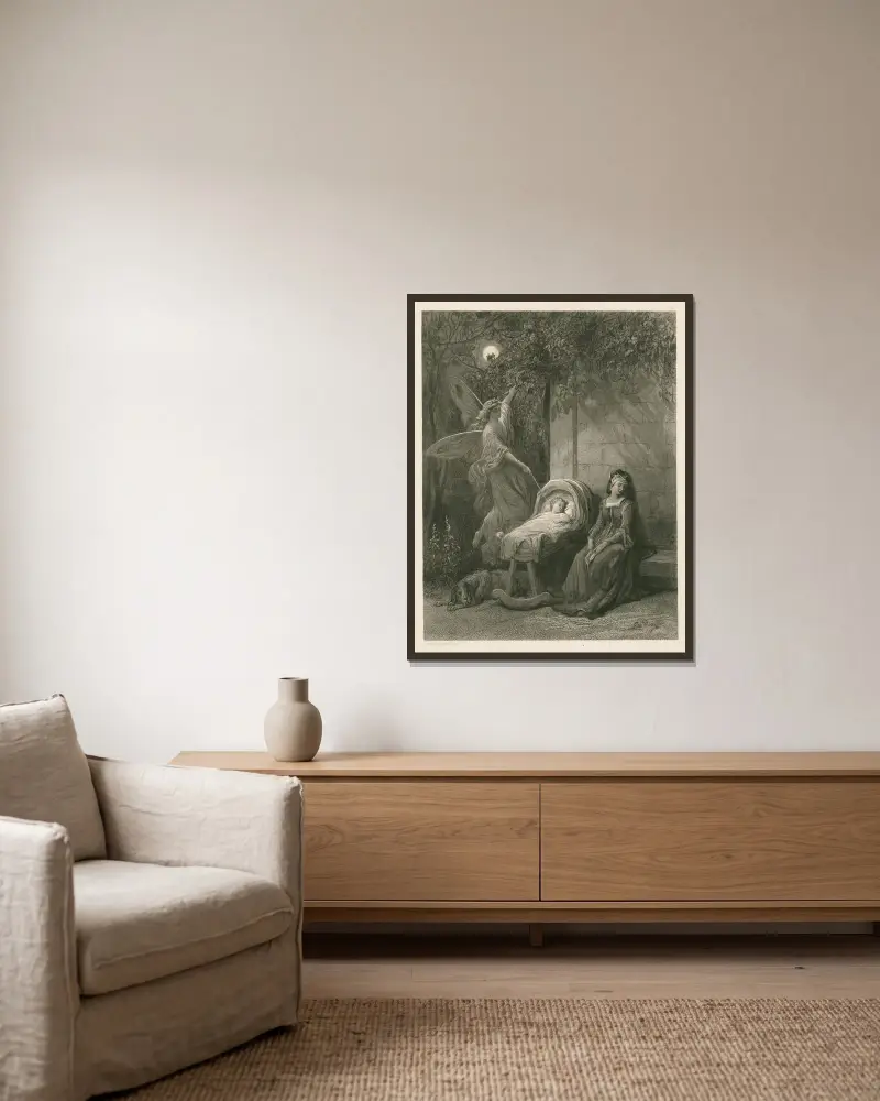 En liten fe kommer om natten och från månen fladdrar hon ned av Gustave Doré inramad på en vägg