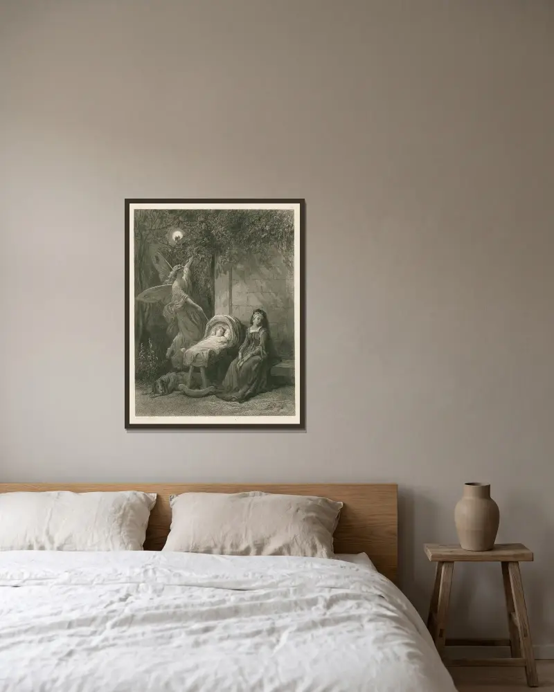 En liten fe kommer om natten och från månen fladdrar hon ned av Gustave Doré inramad på en vägg