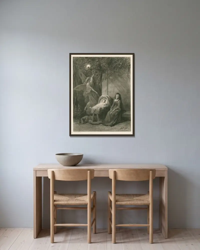 En liten fe kommer om natten och från månen fladdrar hon ned av Gustave Doré inramad på en vägg