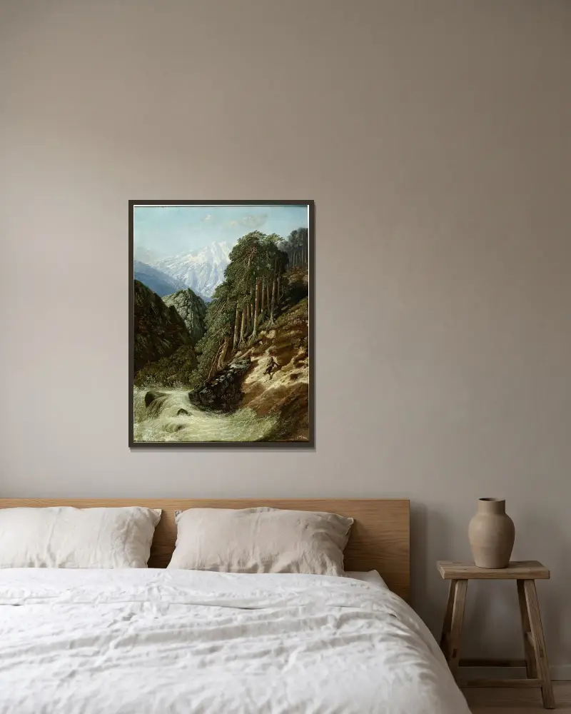 Alpigt landskap med bäck av Gustave Doré inramad på en vägg