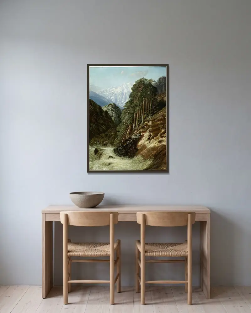 Alpigt landskap med bäck av Gustave Doré inramad på en vägg