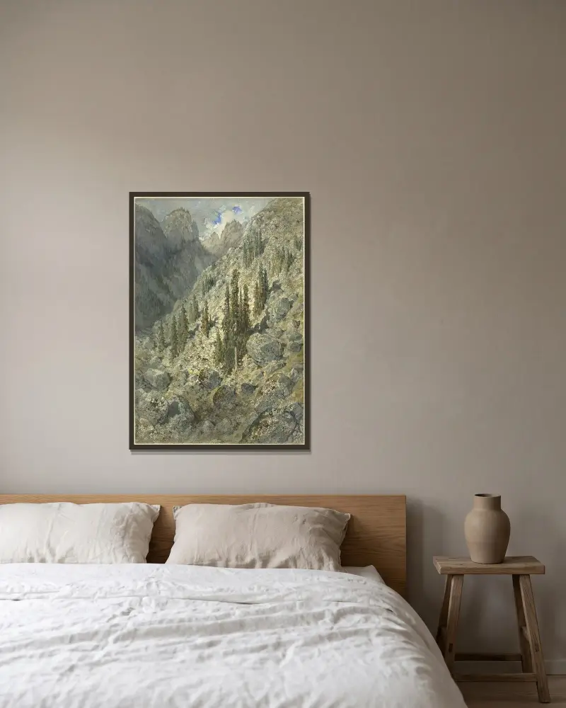 En alpdal med träd och stenblock av Gustave Doré inramad på en vägg