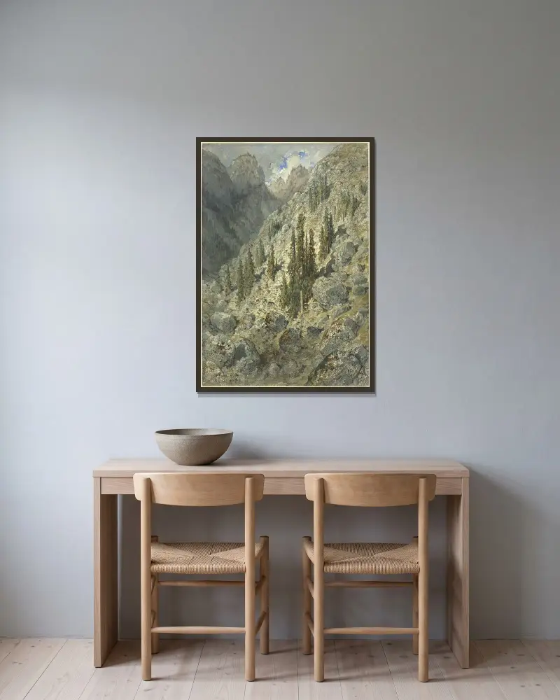 En alpdal med träd och stenblock av Gustave Doré inramad på en vägg