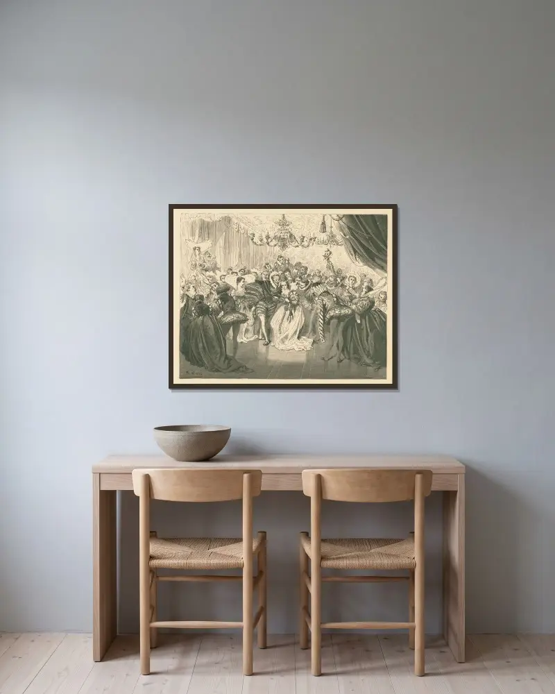 Askungen på balen av Gustave Doré inramad på en vägg