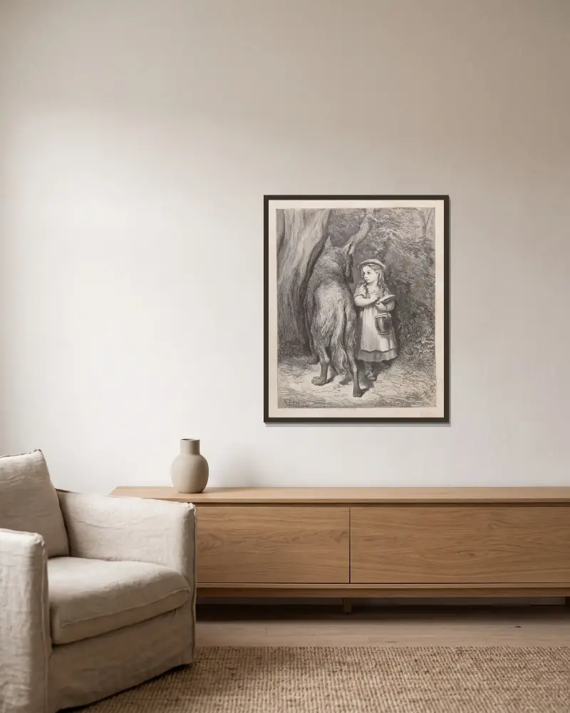 Sagor, pl. 02 av Gustave Doré inramad på en vägg