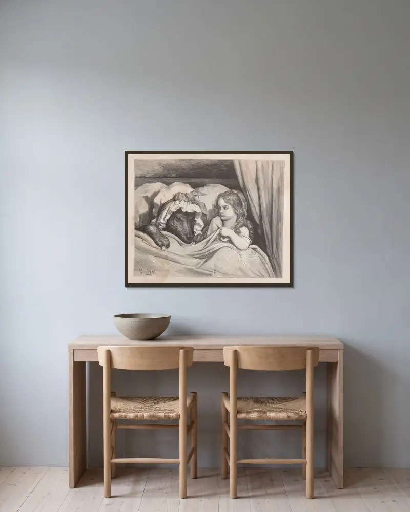 Sagor, pl. 04 av Gustave Doré inramad på en vägg