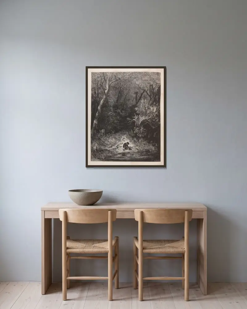 Sagor, plansch 6 av Gustave Doré inramad på en vägg