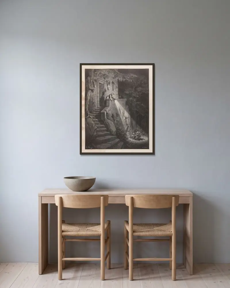 Sagor, pl. 10 av Gustave Doré inramad på en vägg