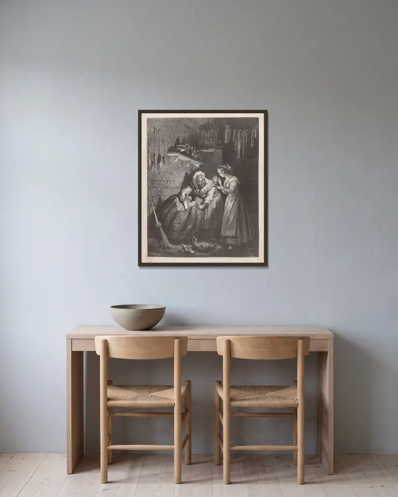 Sagor, pl. 22 av Gustave Doré inramad på en vägg