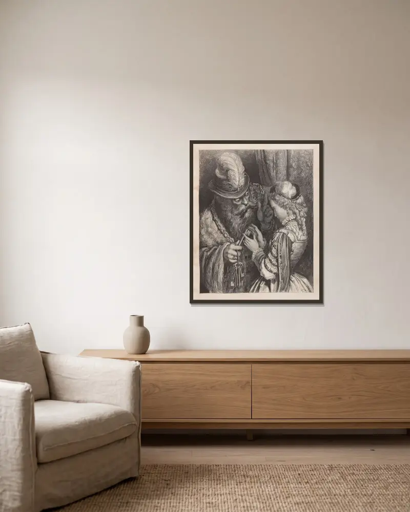 Sagor, plansch 38 av Gustave Doré inramad på en vägg