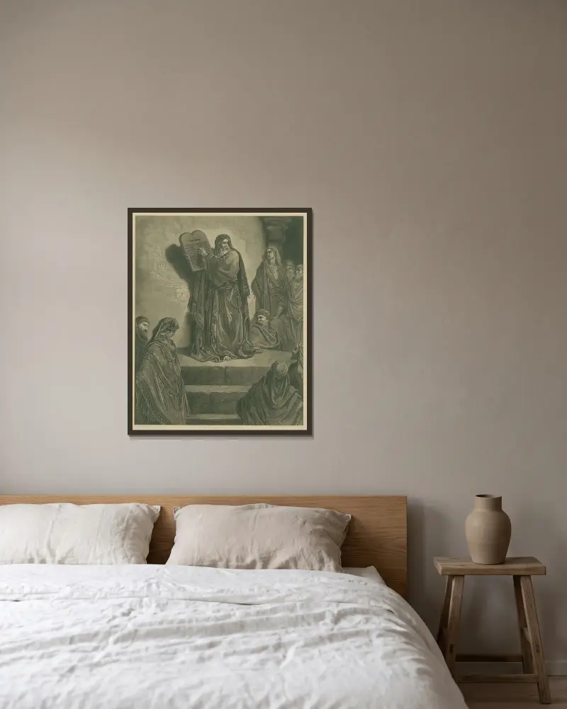 Esra, prästen, läser lagen av Gustave Doré inramad på en vägg