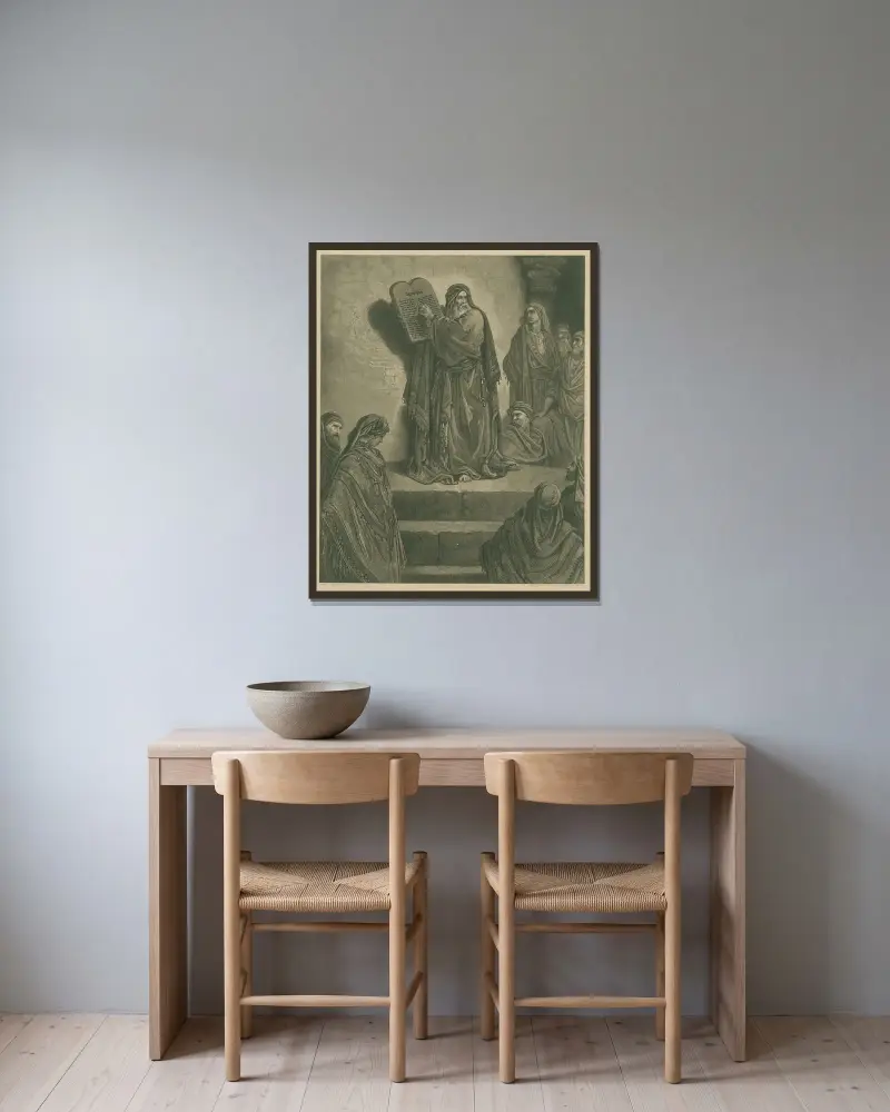 Esra, prästen, läser lagen av Gustave Doré inramad på en vägg