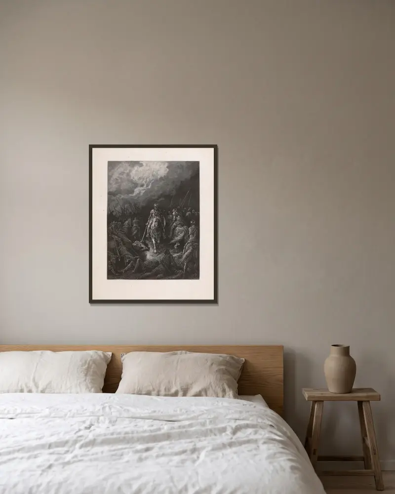 Frontespis till Riddaren av Morar av Gustave Doré inramad på en vägg