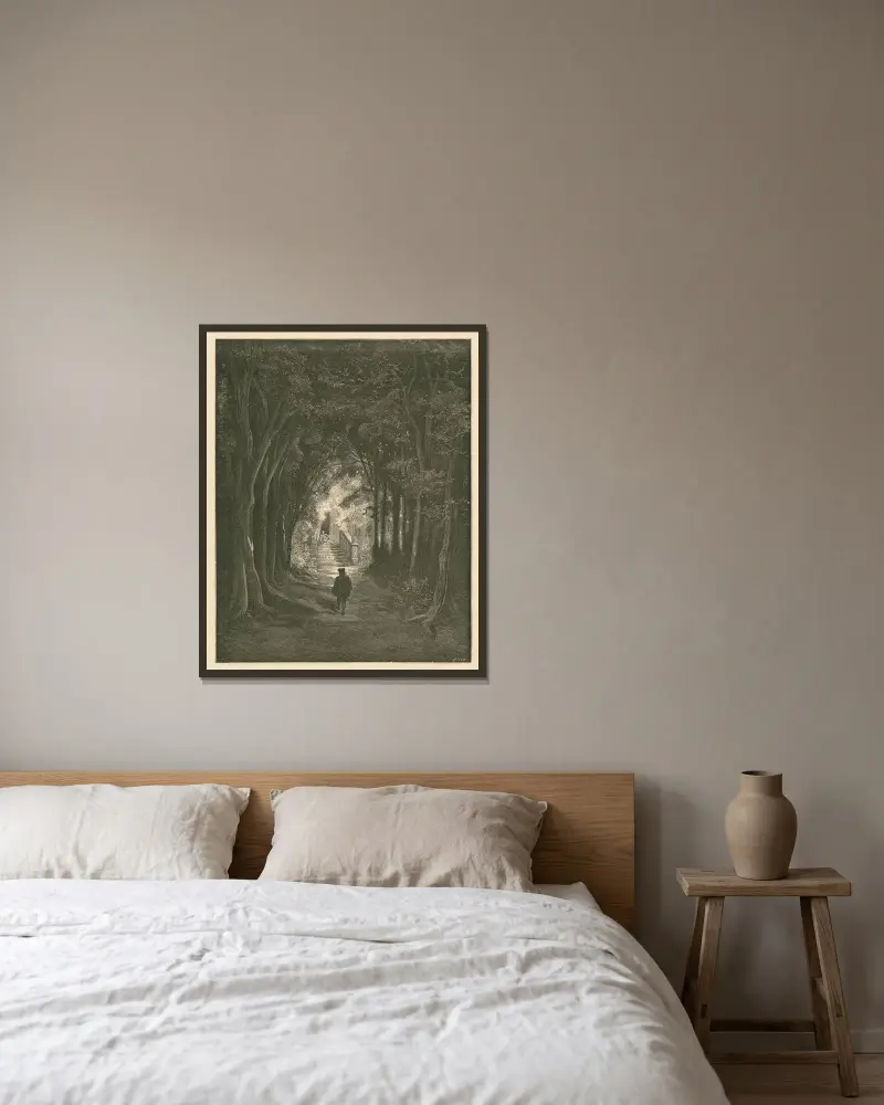 Han ser en trappa av Gustave Doré inramad på en vägg