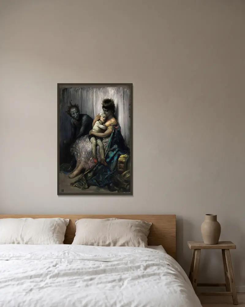 Akrobatfamiljen; det skadade barnet av Gustave Doré inramad på en vägg