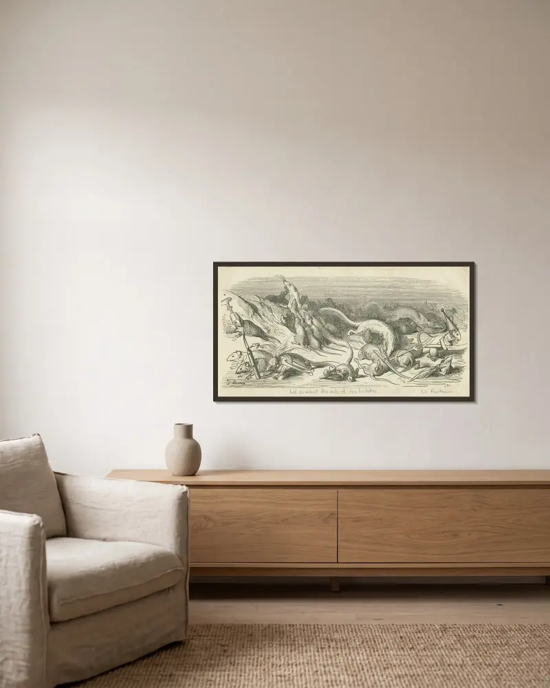Råttornas och vesslornas strid av Gustave Doré inramad på en vägg