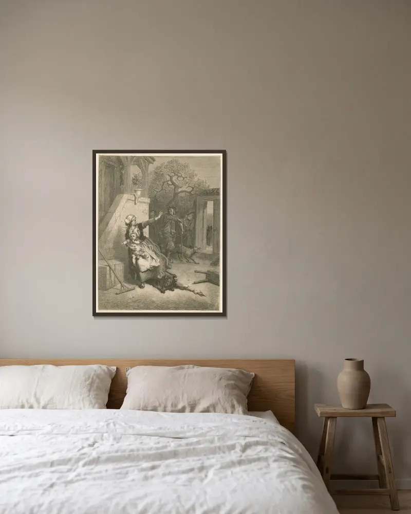 Vargen, modern och barnet av Gustave Doré inramad på en vägg