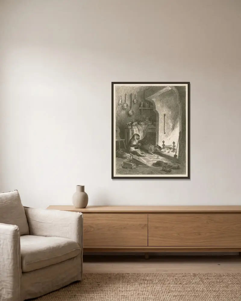 Apan och katten av Gustave Doré inramad på en vägg