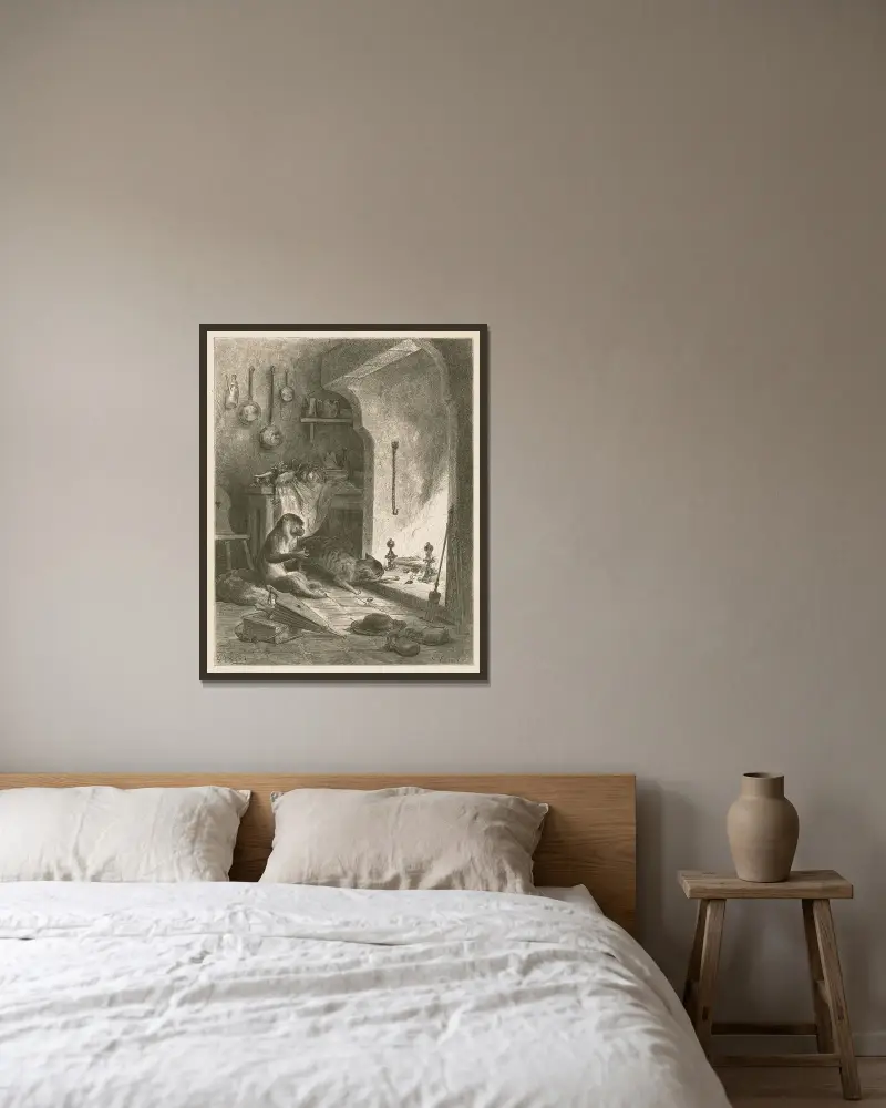 Apan och katten av Gustave Doré inramad på en vägg