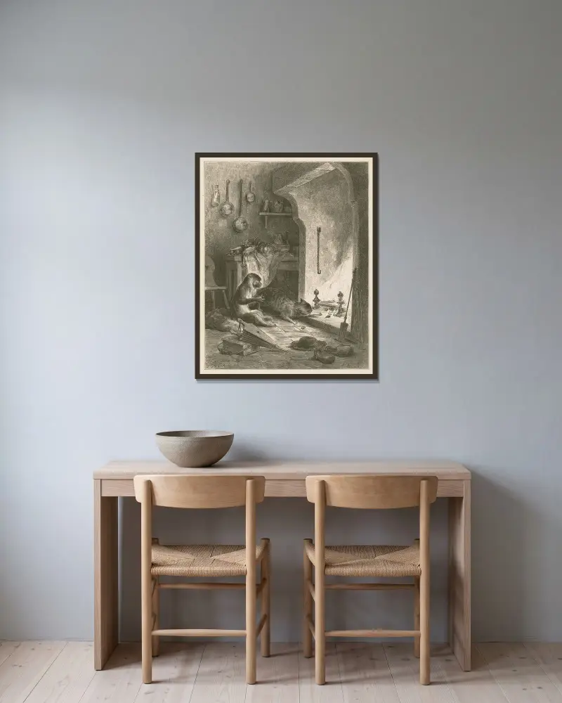 Apan och katten av Gustave Doré inramad på en vägg
