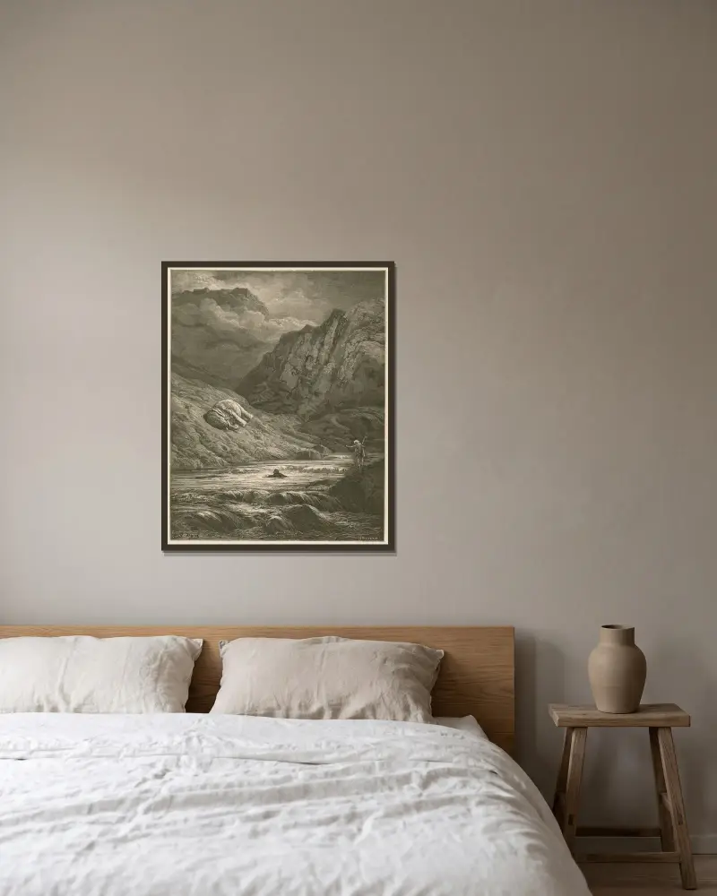 De två äventyrarna och talismanen av Gustave Doré inramad på en vägg