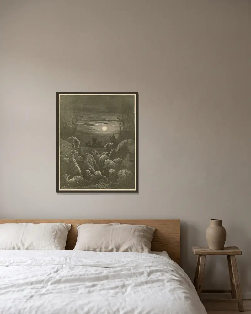 Vargarna och fåren av Gustave Doré inramad på en vägg