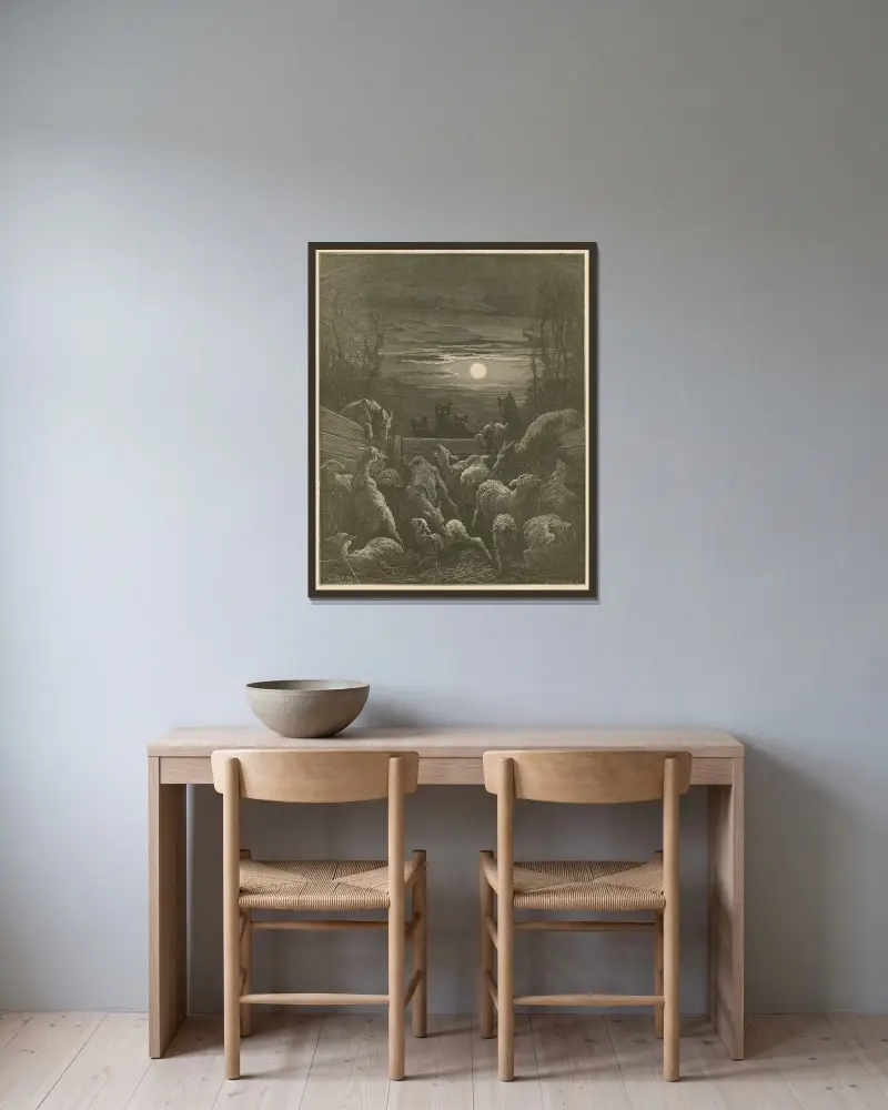 Vargarna och fåren av Gustave Doré inramad på en vägg