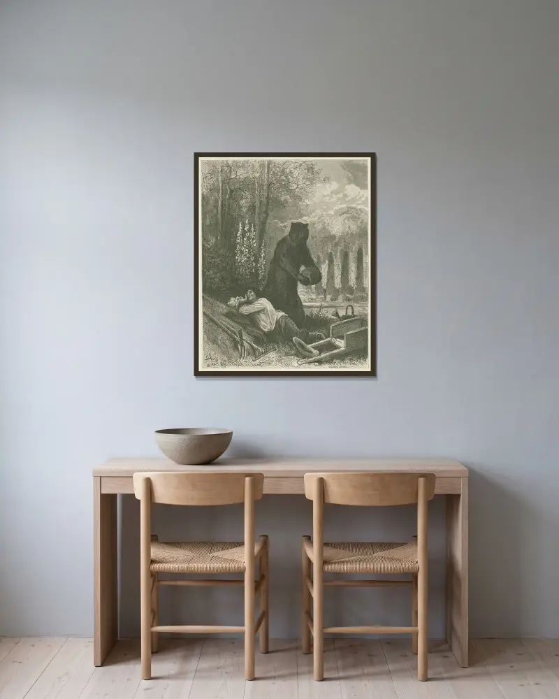 Björnen och trädgårdsälskaren av Gustave Doré inramad på en vägg
