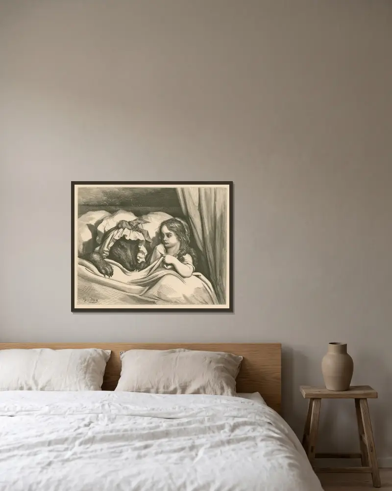 Åh, mormor, vilka stora tänder du har! av Gustave Doré inramad på en vägg