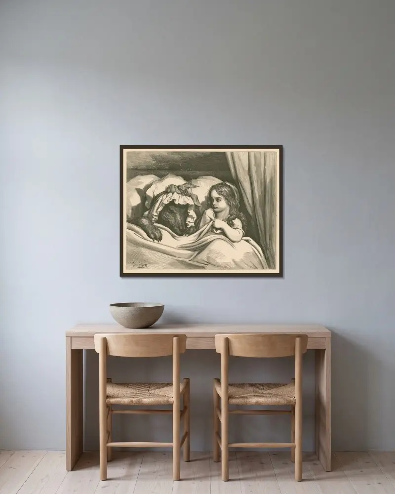 Åh, mormor, vilka stora tänder du har! av Gustave Doré inramad på en vägg