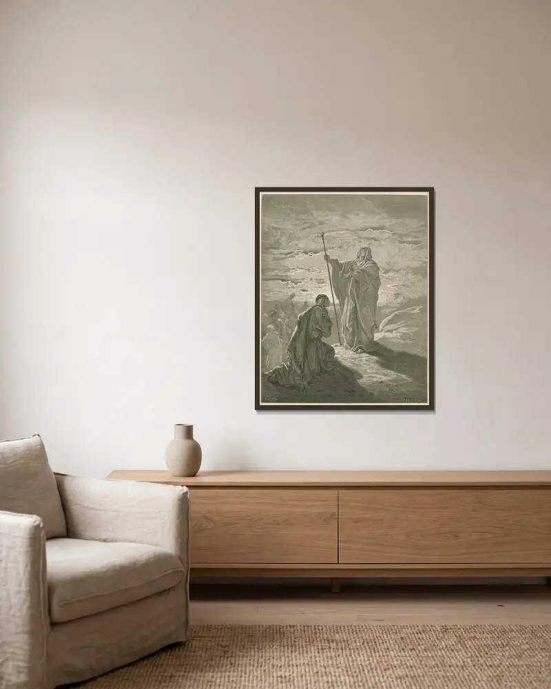 Samuel salbt Saul von Gustave Doré gerahmt an einer Wand