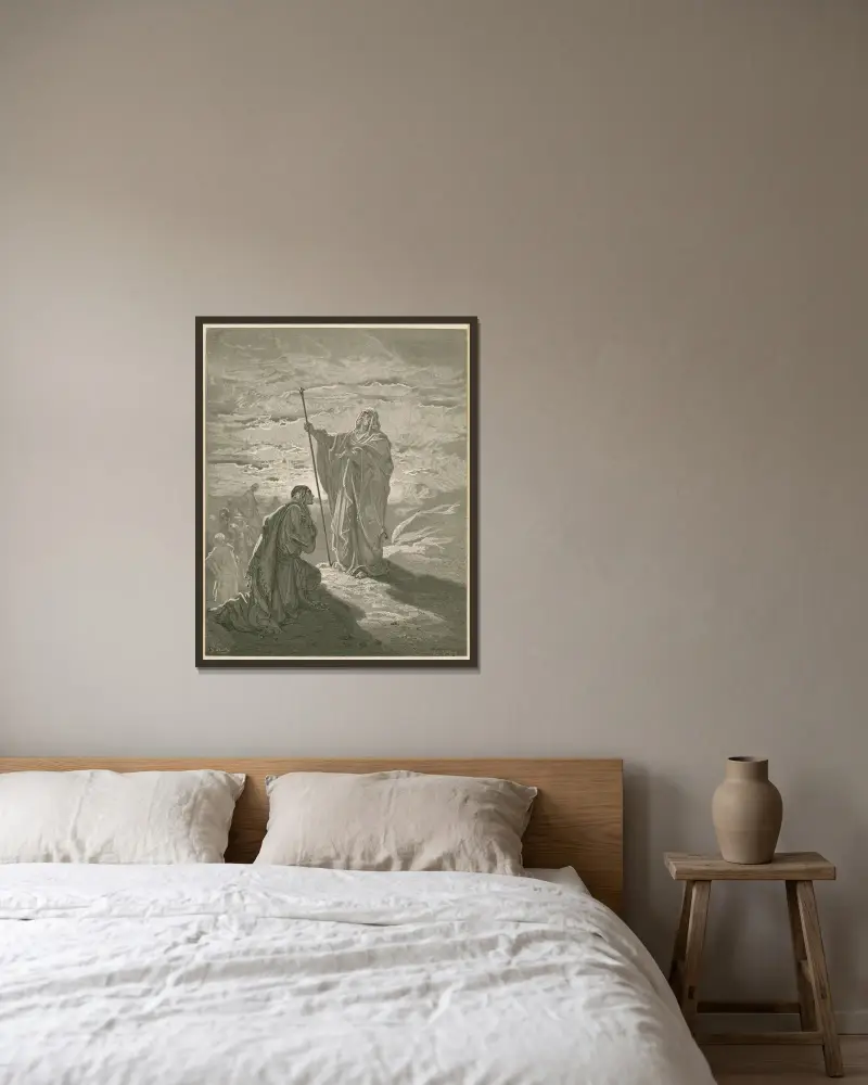 Samuel salbt Saul von Gustave Doré gerahmt an einer Wand