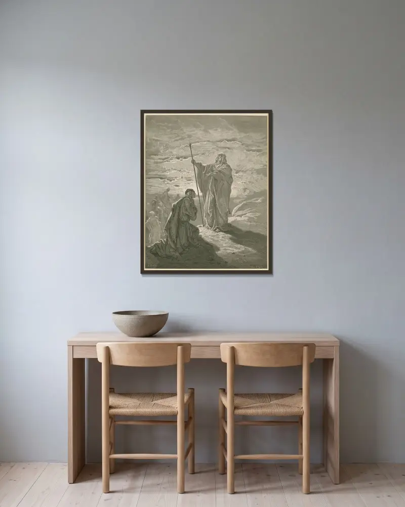Samuel salbt Saul von Gustave Doré gerahmt an einer Wand