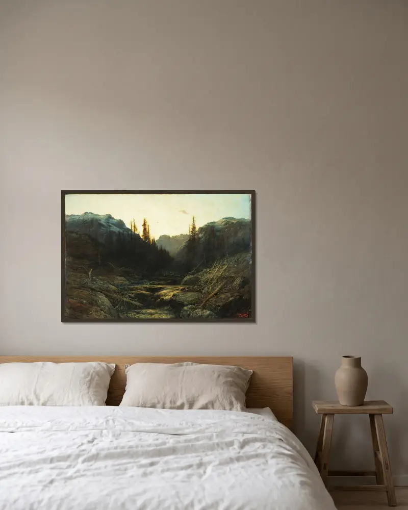 Bäck i bergen i skymning av Gustave Doré inramad på en vägg