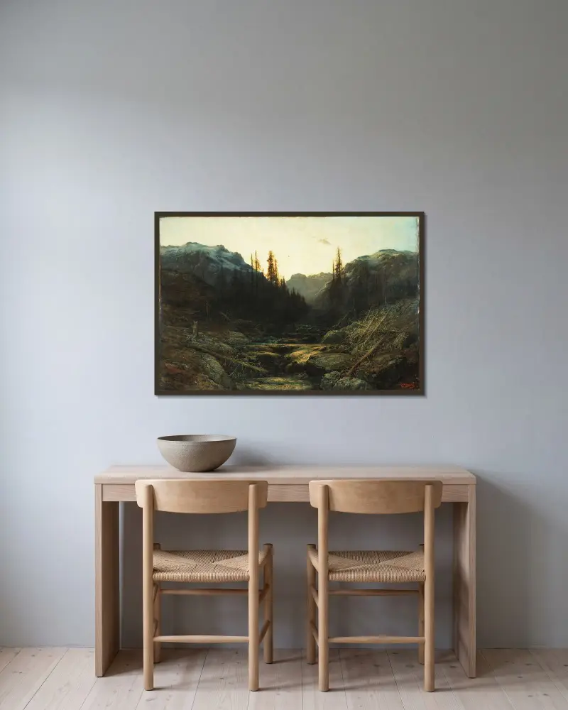 Bäck i bergen i skymning av Gustave Doré inramad på en vägg