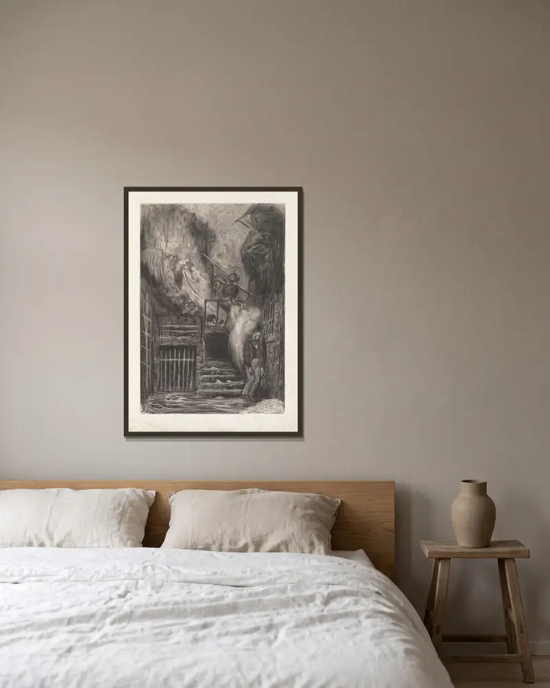 Gatan med den gamla lyktan (Gérard de Nervals död) av Gustave Doré inramad på en vägg