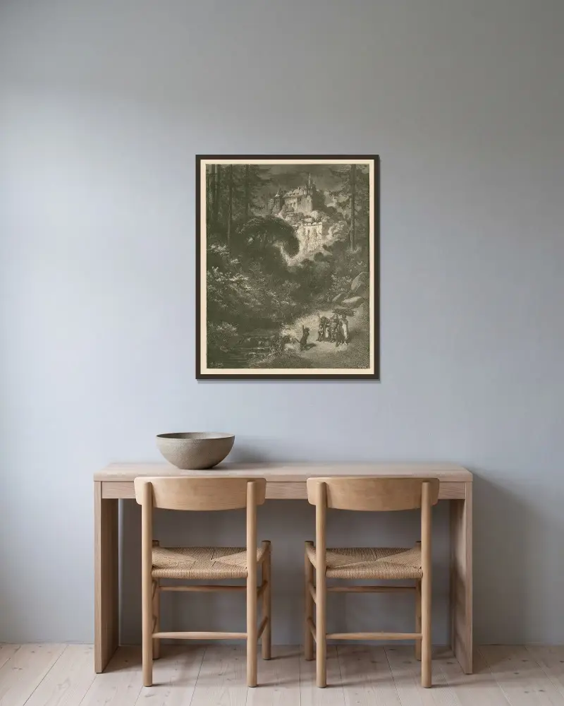 Bostaden, antar jag, för en man av ställning av Gustave Doré inramad på en vägg