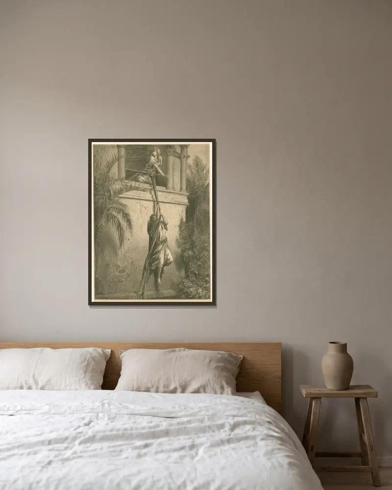 Davids flykt genom fönstret av Gustave Doré inramad på en vägg