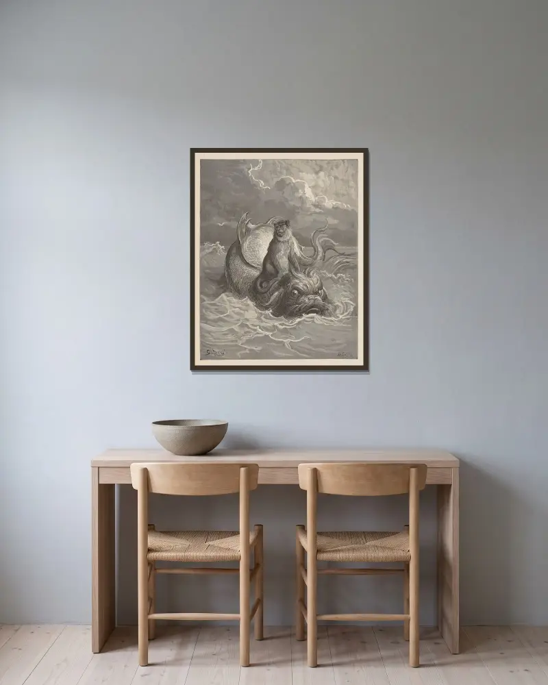 Apan och delfinen av Gustave Doré inramad på en vägg